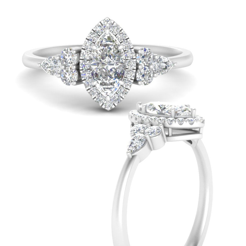 Lab Marquise Cut diamond Halo Engagement Rings 14K White Gold