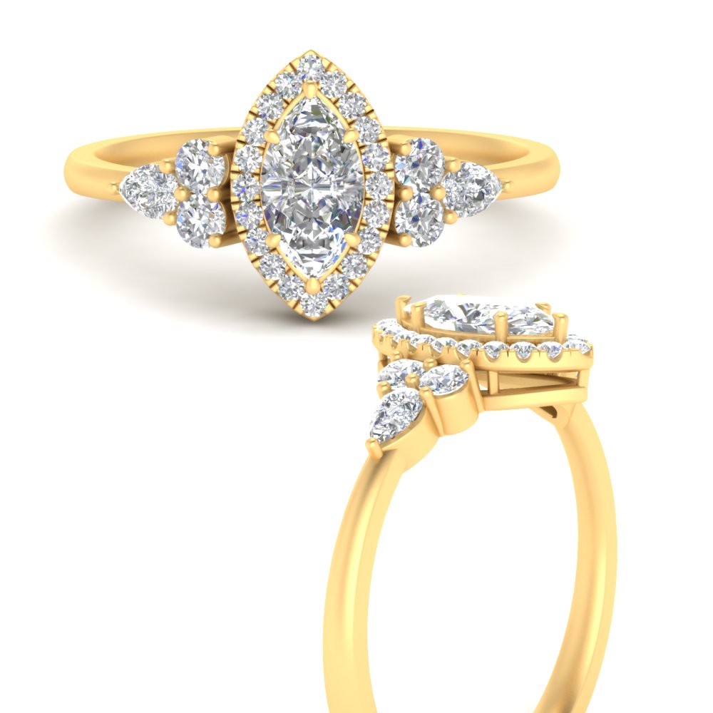 Lab Marquise Cut diamond Halo Engagement Rings 14K Yellow Gold