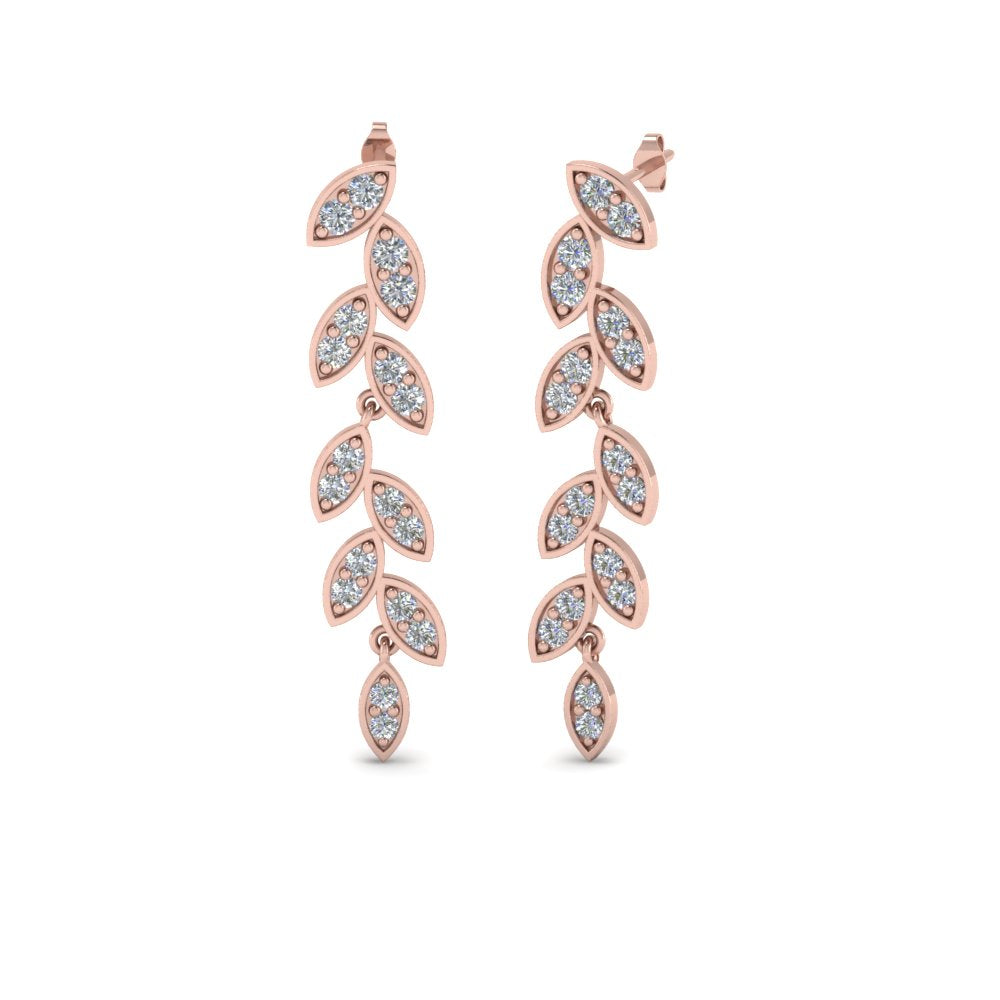 Pave Lab Diamond Leaf Drop Women Earring In 14K Rose Gold | Cuts & Carat