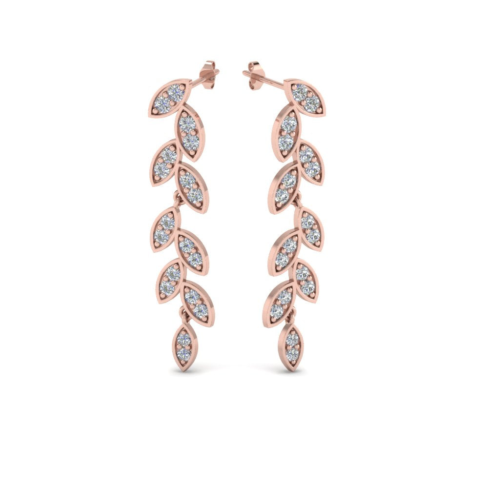 Pave Lab Diamond Leaf Drop Women Earring In 14K Rose Gold | Cuts & Carat