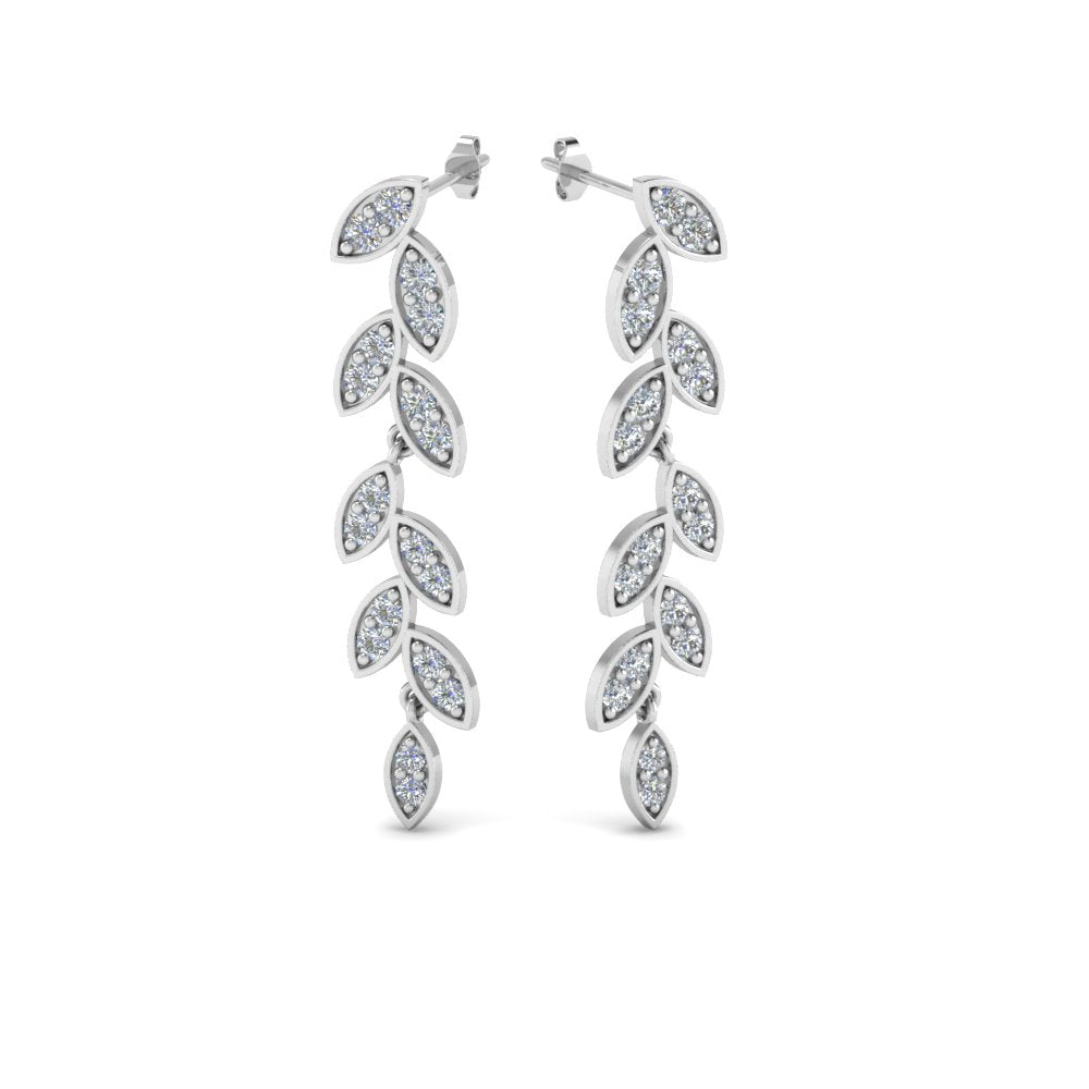 Pave Lab Diamond Leaf Drop Women Earring In 14K White Gold | Cuts & Carat