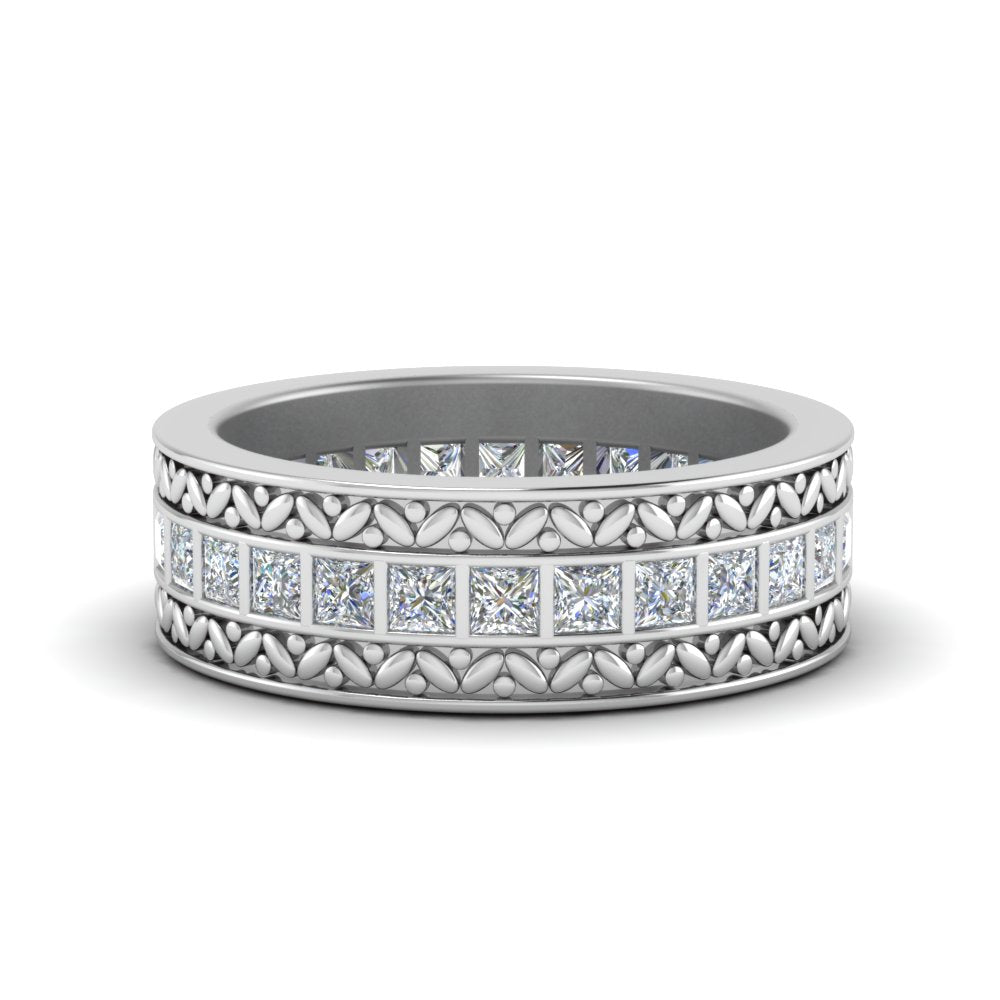 Engraved Princess Cut Lab Diamond Bar Set Women Band In 14K White Gold | Cuts & Carat