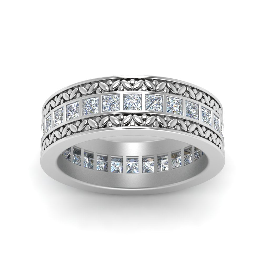 Engraved Princess Cut Lab Diamond Bar Set Women Band In 14K White Gold | Cuts & Carat