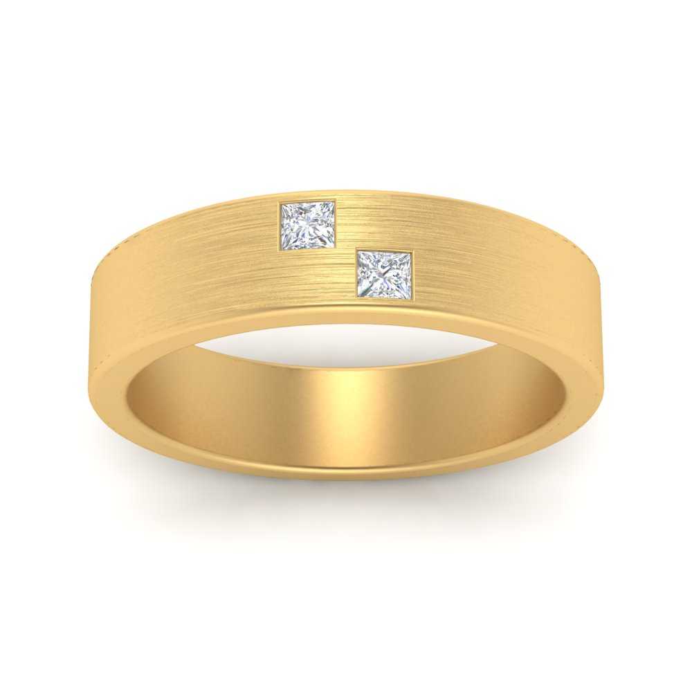 Princess Cut Lab Diamond Brush Finish Wedding Band For Mens 14k Yellow Gold|Cuts & Carat