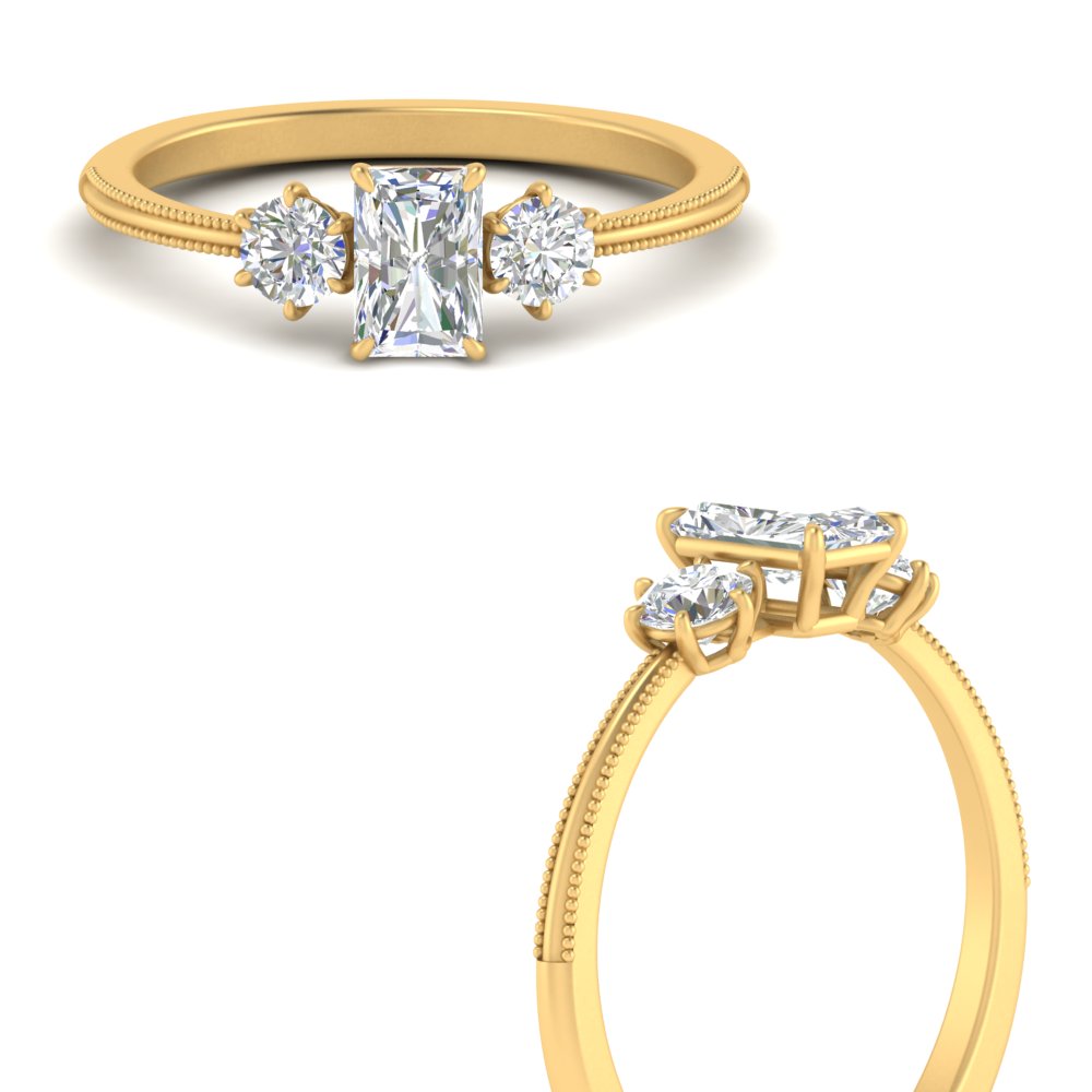 14K Gold Radiant & Round Cut Diamond 3 Stone Engagement Ring